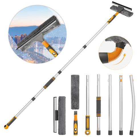 Limpiacristales para Ventanas, Herramienta de Limpieza de Ventanas de 62 Pulgadas, Kit de Limpieza de Ventanas 2 en 1 con Cabezal Flexible, Codo/Poste de extensión Recto, Equipo de Lavado de Ventanas
