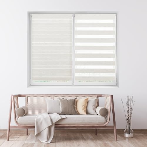 ECOMMERC3 Doppelrollo Nacht und Tag ohne Bohren Größe 55x130 - Easyfix Rollo OHNE Werkzeuge Stoffgröße 52x125 - Doppelrollo Nacht und Tag Leinen