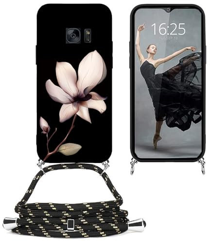 EuoDuo Kompatibel mit Samsung Galaxy S7 Hülle mit Band Handyhülle Handy Kette Schwarz Silikon Muster Motiv Schutzhülle Kordel zum Umhängen Necklace Halskette Cover - Blume
