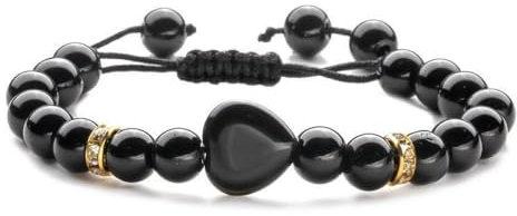 SMTSEC 8mm Verstellbares Obsidian Armband Aus Naturstein Handgeflochtenes Seil Perlen ArmbandNaturstein Liebe Herz Anhänger Yoga Armband für Männer und Frauen Charm Armband