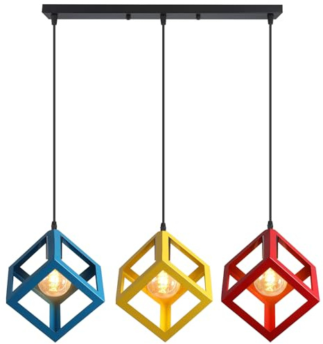 iDEGU 3-flammige Pendelleuchte im Geometrie Design Vintage Hängelampe mit Würfel Lampenschirm aus Metall E27 Kronleuchter Moderne Hängeleuchte für Esstisch Wohnzimmer Schlafzimmer (Rot+Gelb+Blau)