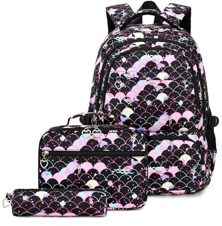Juego de 3 mochilas para niñas con estampado de sirena o corazón con lonchera y estuche para lápices, Sirena-negro, Tropical