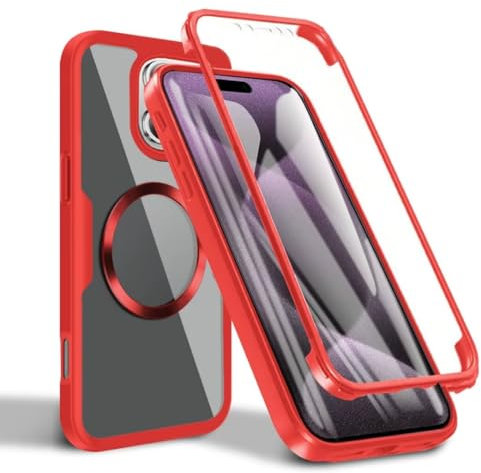 JMstore Funda Transparente para iPhone 13 Pro MAX, Compatible con MagSafe, Carcasa Antigolpes 360 Grados con Protector Pantalla Integrado,Protección Bumper Delantera y Trasera -Rojo