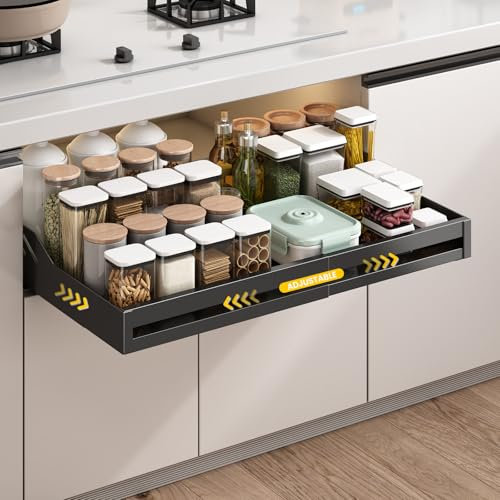 Cajones Extraibles para Cocina, Bandeja Extraible Armario Cocina, Cajon Extraible Deslizante, Cajon Extraible Mueble Cocina, Cajon Telescopico Cocina, Sin Necesidad de Taladrar ni Clava(Negro)