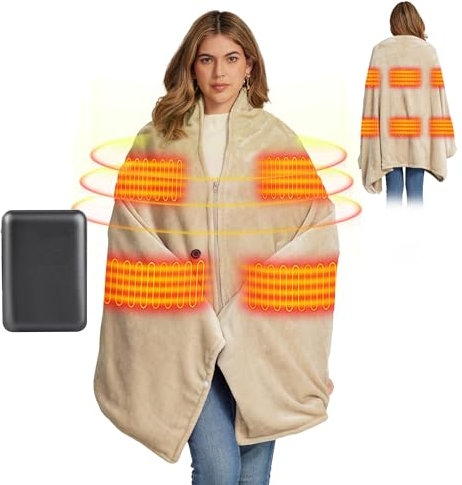 USB Heizdecke, Elektrische Heizdecke Kabellos mit 10000mah Batterie, Beheizter Schal mit 3 Stufen Temperaturregelung,6 Heizzonen Heizponcho Wraps