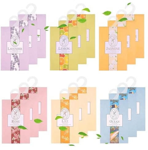 YTPAFK 18Pcs Wardrobe Freshener Set, 6 Different Fragrances (Lemon, Jasmine, Lavender, Rose, Ocean, Lily), Potpourri Sachet, Drawer & Closet Freshener