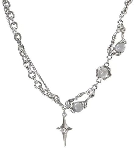 Calkkrer Y2K Halskette Damen, Unregelmäßige Kette Mit Stern Anhänger, Mondstein Design, Trendige Silber Schmuck Kette Für Mädchen, Lange Statement Kette