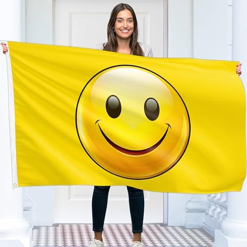 Yelow Smiley Face Flag - Funny Flag - Smiley Face Banner - 110D Polyester - Double Seam - 4 Brass Eyelets, Large 1.5 m x 0.9 m