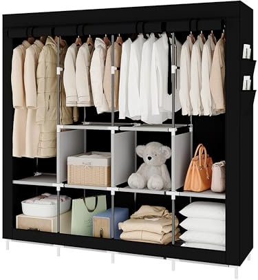Buzowruil Extra große tragbare freistehende Garderobe Kleiderschrank, Canvas Metall Kleiderbügel Veranstalter, 4 hängenden Stangen 6 Storage Compartments für Schlafzimmer,Schwarz