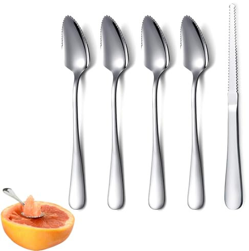5-Piece Set Grapefruit Spoons, Grapefruit Knife, Grapefruit Spoon, Grapefruit Knife, 4 Grapefruit Spoons Made of Stainless Steel and 1 Grapefruit Knife with Titanium Coating, Suitable for Grapefruits