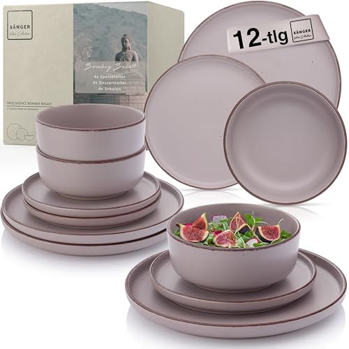 SÄNGER Bombay Basalt | Geschirrset 12 teilig, Steingut Geschirr 4 Personen, 4x Speiseteller 4x Dessertteller 4x Schalen, Teller Set lila | VALUE COLLECTION