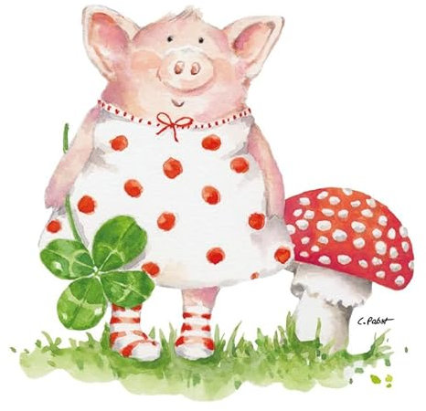 20 Servietten Glück Schwein am Fliegenpilz als Tischdeko. Papierservietten mit Motiv. Auch für Decoupage und Serviettentechnik 33x33cm