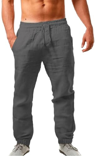 Herren Leinenhose Casual Loose Fit Elastische Taille Kordelzug Gerades Bein Yoga Strandhose Leinen Hose Freizeithose Light Summer Trousers Cotton for Men
