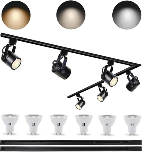 Dimmbares LED-Beleuchtungsset, 10W 3CCT GU10 Track Head mit 2x1m H-Schiene, 3000K/4000K/6000K einstellbar, kommerzieller Deckenstrahler mit 6 austauschbaren GU10-Lampen