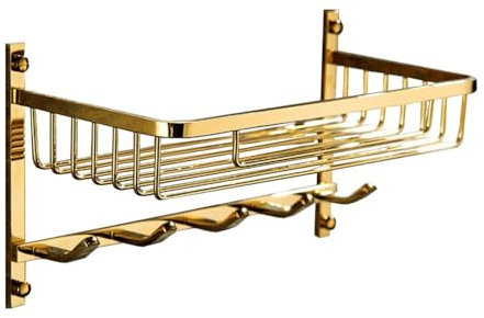 Etagere Salle de Bain Étagère de douche de salle de bain, organisateur de douche en laiton doré avec 5 crochets, étagère de douche à montage mural, panier d'accessoires de salle de bain Etagere de Dou