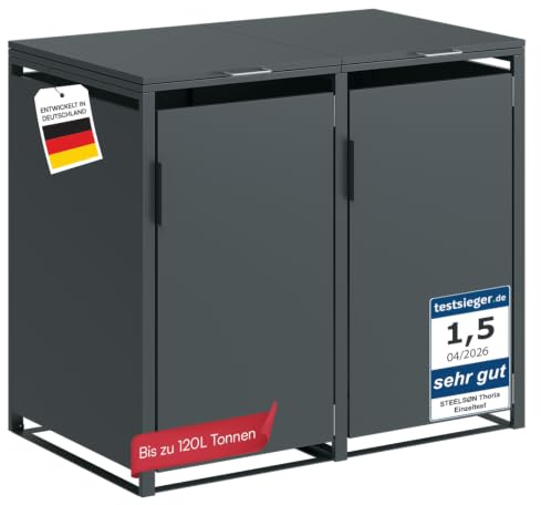 STEELSØN Thoria Mülltonnenbox 2er bis 120L, aus verzinktem Stahl, Anthrazit | Müllcontainer für 2 Tonnen, hochwertige Mülltonnenverkleidung wetterfest & UV-beständig, Müllbox/ Gerätebox für Outdoor