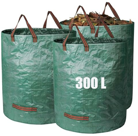 3x 300L Sacchi Giardinaggio Pieghevole, Polipropilene (PP), Robusto, Impermeabile, Antistrappo, Riutilizzabile PROFESSIONAL Borsa da Giardino con manici, resistenti autoportanti, per foglie, campeggio