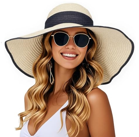 powerking Large Bordure Paille Chapeau de Soleil, Protection UV Chapeau d'été emballable Pliable Disquette Plage Chapeaux de Soleil pour Les Femmes