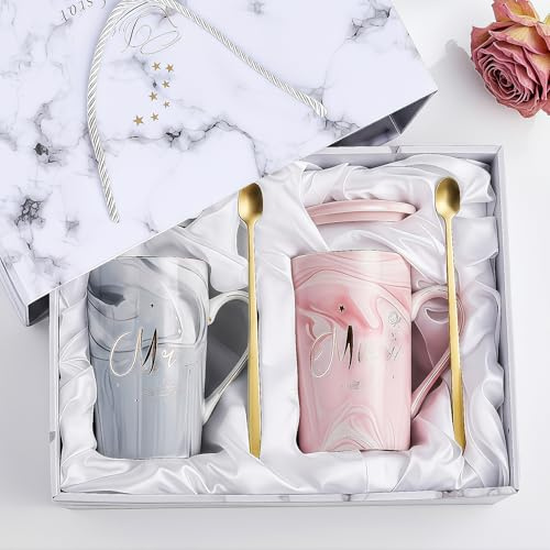 Focenat 2Pcs Sr. y La Sra. Tazas De Regalo,Mr y Mrs Set de Tazas de Café,400ml Taza de Cerámica con Patrón de Mármol,con Tapa y Cuchara,Caja de Regalo,para Aniversario de Boda,Parejas Casadas