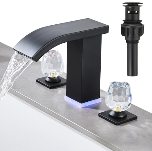 Robinet de salle de bain moderne à 3 trous de 20,3 cm, noir mat, 3 trous, lumière LED, cascade, lavabo avec bonde pop-up (noir mat)