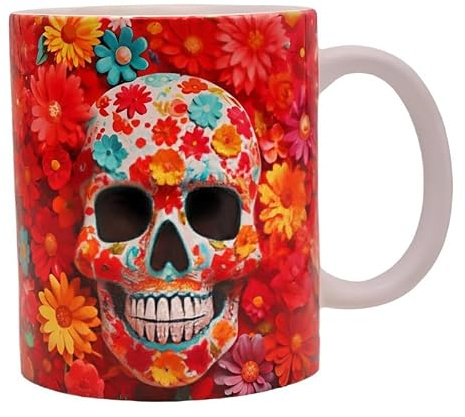 Shopi Zone Skull Floral Ceramic Mug - Art Design Inspired by Day of the Dead | Original Ceramic Mug with Vivid Colors and 3D Art for Color and Mexican Culture Lovers