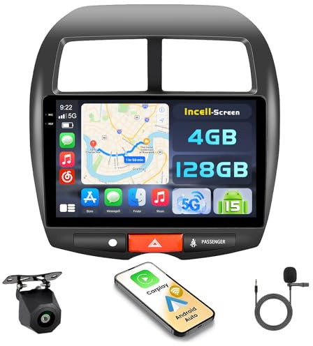 Hikity 4+128G Radio Coche Android 15 para Mitsubishi ASX/Peugeot 4008 2013 con Carplay Android Auto Inalambrico, Incell Pantalla táctil de 10,1 Pulgadas con BT/GPS/WiFi/FM/RDS+Cámara Trasera+Mic