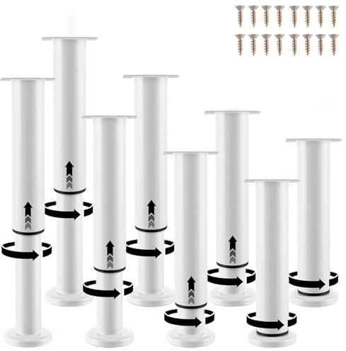 LDHHYH Lot de 8 pieds de meubles réglables en hauteur 25 à 42 cm, blancs, pieds de lit réglables en métal, pieds de support stables pour sommier à lattes, armoire et canapé avec 32 vis