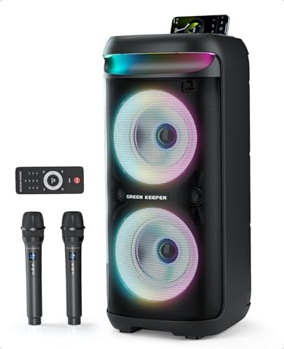 GKD60 Karaoke Profesional con 2 Micrófonos Inalámbricos, Altavoz Karaoke 500W, Altavoz con Micrófono Inalámbrico Bluetooth Portátil, Sistema de PA con Luces LED, USB/TF/AUX, Fiesta/Hogar