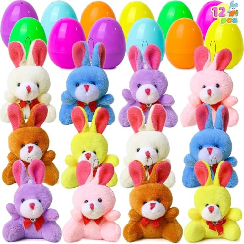 JOYIN 24 Stück gefüllte Ostereier Plüschtier, Bunte Eier, vorgefüllt mit verschiedenen Plüschhasen für Kinder, Kleinkinder, Osterkorbfüllung und Gastgeschenke