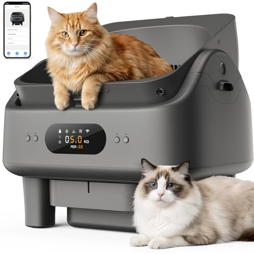 Automatische Selbstreinigende Katzentoilette mit App-Steuerung, 6-Zoll-Smart-LED-Display,10 Sicherheitssensoren, Geruchskontrolle, Offenes Design für mehrere Katzen, WLAN (2,4/5 GHz) mit Lüfter