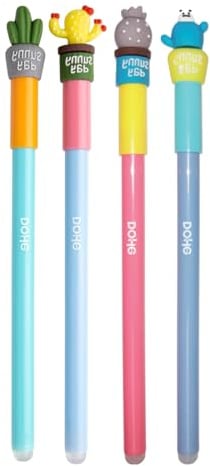 Dohe - Radierbare Stifte Kaktus (4 Stk.) - Schöne Stifte mit Radierer, blaue Tinte, 1 mm Kugelspitze, Jungen, Mädchen, Schule, Unterricht und Klassenzimmer, Schulmaterial, zufällige Designs möglich