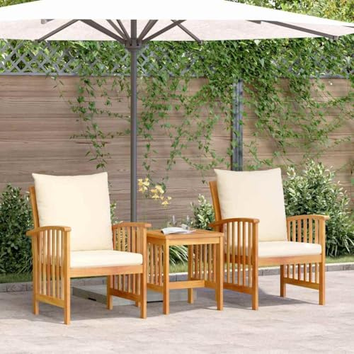 ACAGALA Garten Lounge Set 3 Teilig, Balkonmöbel Set mit Cremeweiß Kissen, 2X Sessel + Tisch, Gartensitzgruppe Essgruppe Gartenmöbel Set für Balkon, Garten, Massivholz Akazie