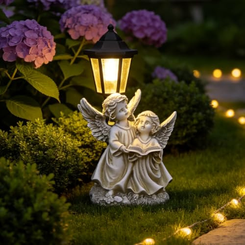 Fhlprte Solar Engel Gartenstatuen, Schutzengel Figuren für Außen mit Solar Lantern,Engel die EIN Buch lesen Skulptur Grablicht Deko Außen,Garten Statue Solarlampen für außen,für Rasen, Hof