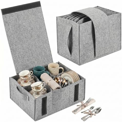 2 Pack Plate Cup Storage Box, Felt Camping Dinnerware Organiser with Side Sturdy Handles Portable Plate and Cup Storage Container for Motorhome Accessories, Campervan Kitchen Cupboard(Light Grey)