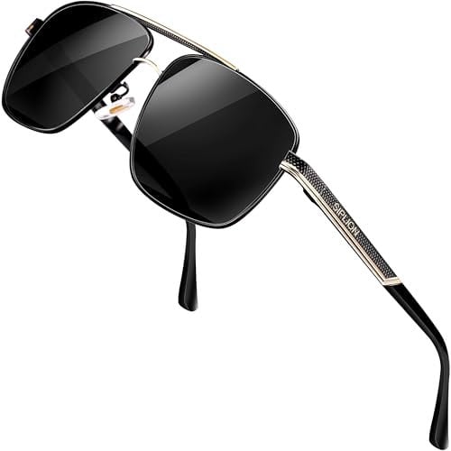 SPLION Herren Fahrerbrille Polarisierte Sonnenbrille Rechteckige Metall Rahmen Schwarz 1823 UV400 CAT 3 CE