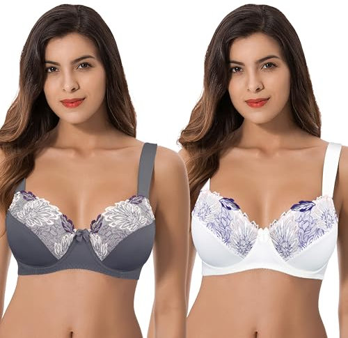 Curve Muse Damen Übergröße Minimizer Bügel Ungefütterte BHS mit Stickspitze - 2er Pack-Buttermilch, Grau-100D
