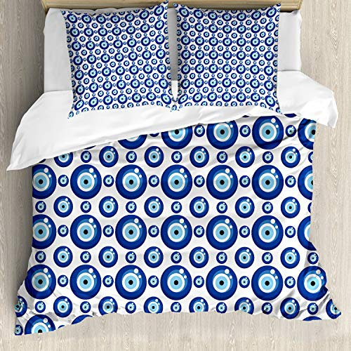 ABAKUHAUS Evil Eye Bettbezugs Set Für Doppelbetten, Symmetrisch, Milbensicher Allergiker geeignet mit Kissenbezügen, Blau Hellblau Weiß