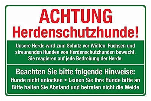 Schild Herdenschutzhund Hunde anleinen Abstand halten 300 x 200 mm | 3 mm Alu-Verbund, wetterfester UV-Direktdruck, robust und langlebig, Made in Germany
