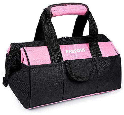 FASTORS Pink Tool Bag for Women With 13-Inch Wide Mouth Double Zippers,Tool Bag With 8 Pockets Outside and 2 Pockets Inside(PINK)
