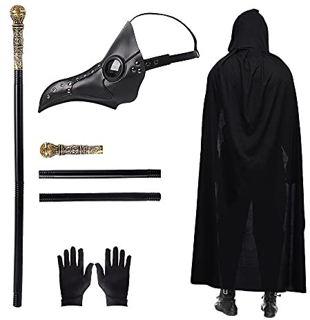 Lifreer Pest Ärzte Maske Lange Nase Vogelschnabel Steampunk Halloween Gothic Leder Vogelmaske mit Kapuze Umhang, Handschuhe, Stock für Party Cosplay Maskerade (Style-A), Schwarz, Einheitsgröße