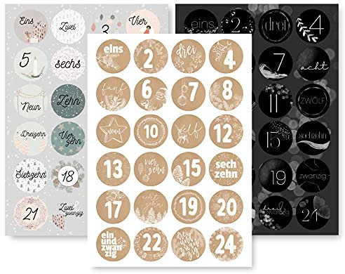 Adventskalender Aufkleber Set (Zahlen 1-24) - 3 x 24 Sticker für Kalender zum selber basteln für Weihnachten - Adventskalenderzahlen Etiketten selbstklebend - Zahlenaufkleber - Nummern Papiertüten
