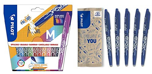 Pilot - 12 Stück Frixion Ball 12 Farben – mittlere Spitze & Frixion Ball – Radierbarer Tintenroller mit thermosensitiver Tinte – 5er Set Blau – Mittlere Spitze – Zauberstift