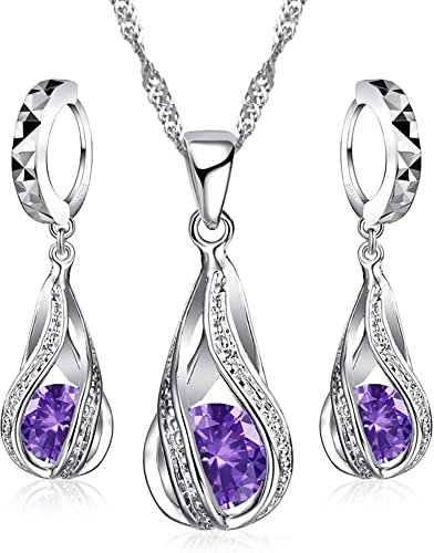 Crystalina Schmuckset aus 925er Silber für Damen, Halskette und Ohrringe mit Zirkonia, Geschenk für Damen (Purple Tear)