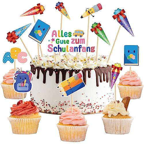 Schuleinführung Kuchen Dekorationen,12 Stück Schulanfang Kuchendeko,Tortendeko Einschulung, Cupcake Topper Dekorationen, für Schulkind Junge Mädchen Geschenk und Tortendeko Schulanfang Party Deko