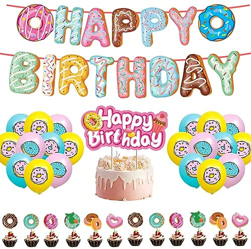Guoguonb Krapfen Geburtstag Party Deko Donut Druck Ballon Eiscreme theme Cupcake Topper Tortendekoration Happy Birthday Banner für Geburtstagsdeko Kinder Birthday Decorations
