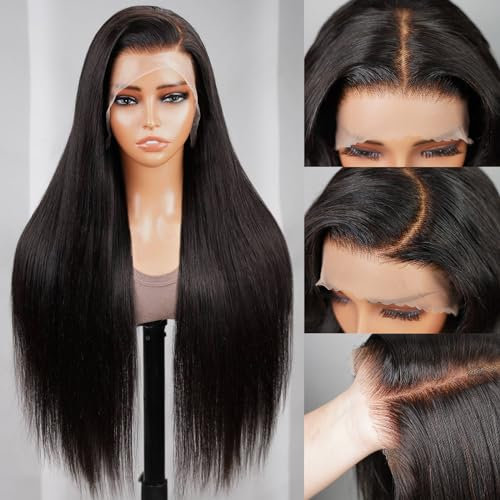 Perücke Echthaar 13x4 Pre Cut Lace Front Wig Human Hair 200% Density Brazilian Virgin Human Hair Wigs for Black Women Pre Plucked Bleached Knots with Baby Hair Upgraded Glueless Natural Color 30 Zoll