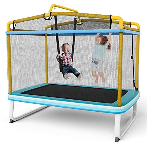 COSTWAY 3-in-1 Trampolino Elastico per Bambini 190 x 124 cm, Tappeto Elastico da Esterno ed Interno con Rete, Altalena, Sbarra, Copertura e Design senza Fessure, per 3 Bambini (Giallo)