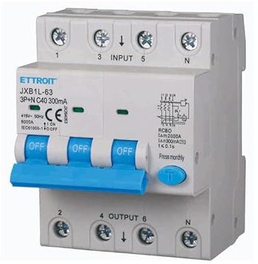 ETTROIT INTERRUTTORE MAGNETOTERMICO DIFFERENZIALE SALVAVITA PER BARRA DIN 4 MODULI 3P+N 380V 300mA 6KA (40A)