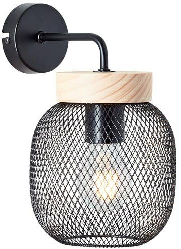 Lightbox Wandlampe | 27 x 20 x 16 cm | hängende Wandleuchte mit Gitter Schirm | Basis aus Kiefernholz | E27 Fassung | Küche oder Schlafzimmer | aus Metall/Holz | in Schwarz/Braun