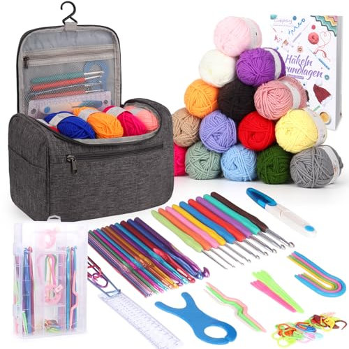Coopay Tragbar Häkelset für Anfänger, Häkelnadel Set mit 15 Wolle, Tasche, Häkelzubehör, Ergonomische Häkelnadeln mit Weicher Griff und Metall Häkelnadel, 2,0-10 mm Praktische Häkelnadeln, Grau